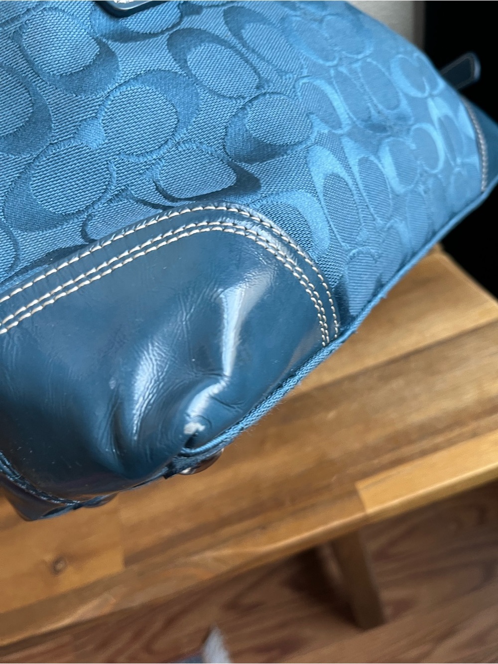 Coach Teal Signature Jacquard Satchel with Front Turn-Lock - Picture 4 of 16